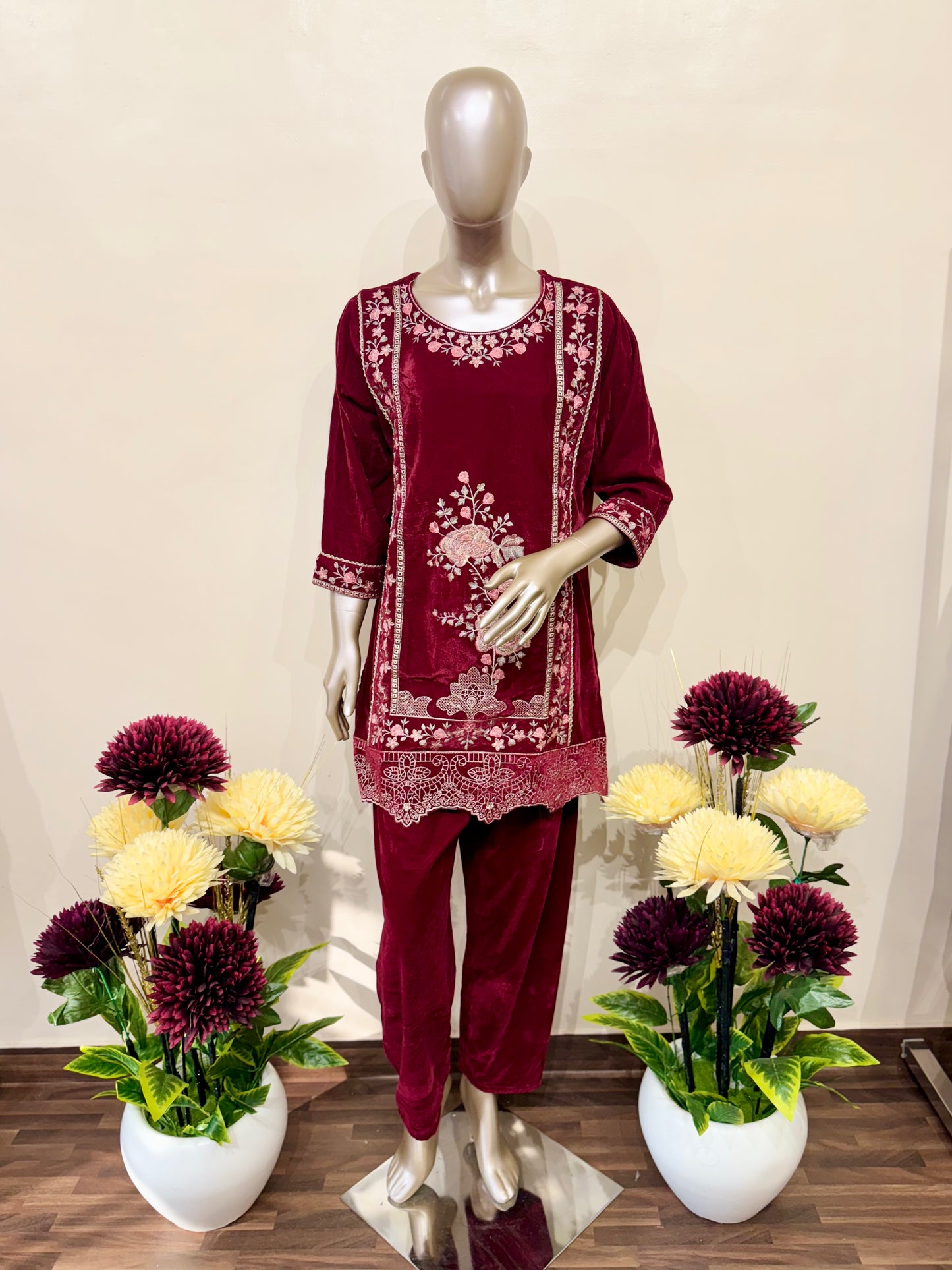 Rose Red Velvet Embroidery  Co-ord Set