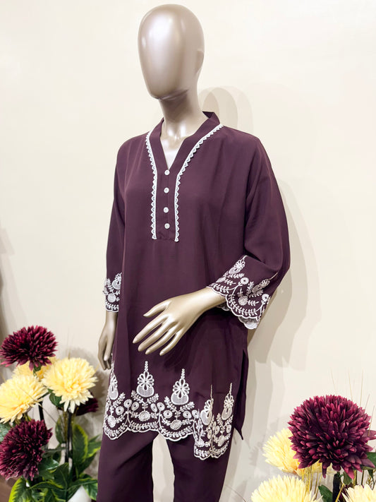 Deep purple & white embroidery co-ord set