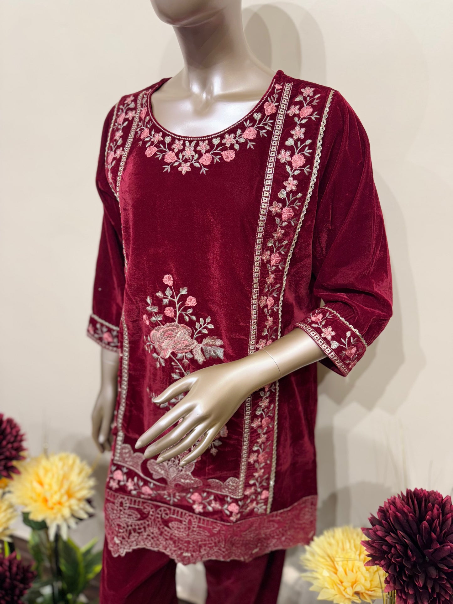 Rose Red Velvet Embroidery  Co-ord Set