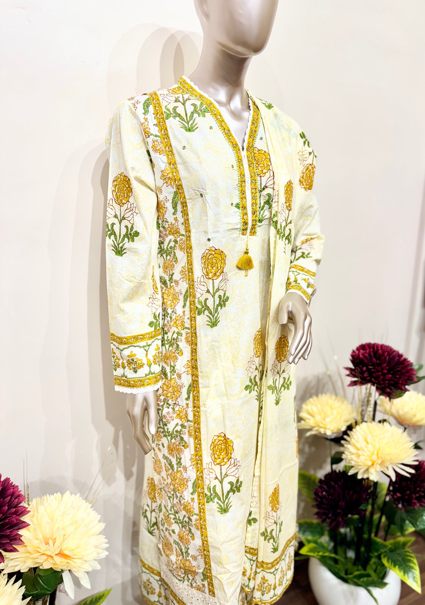 Yellow floral printed cotton suit