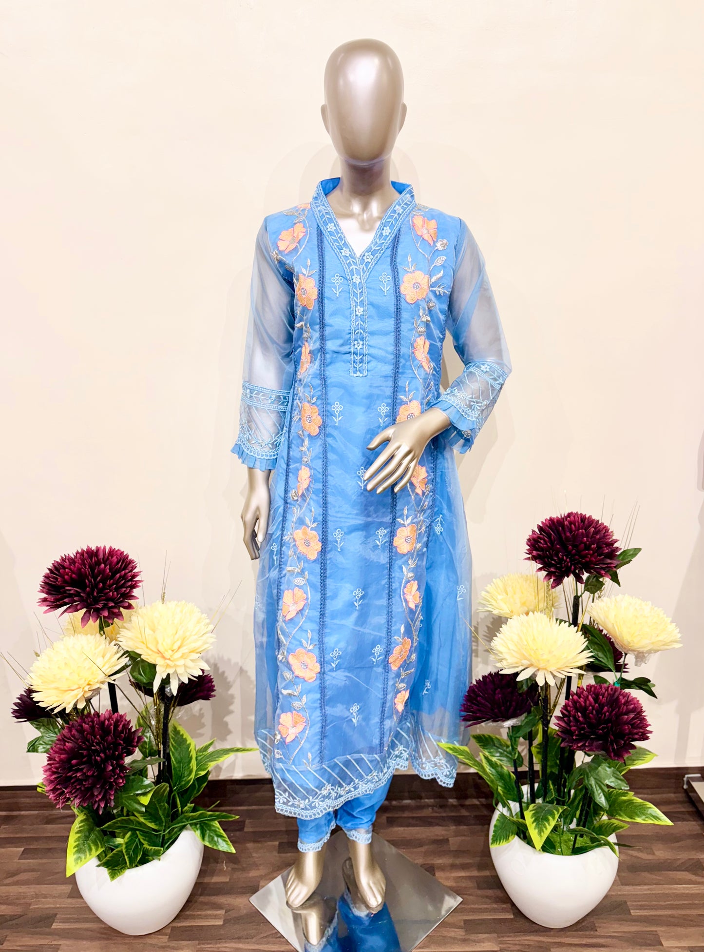 Blue Anarkali  floral two piece