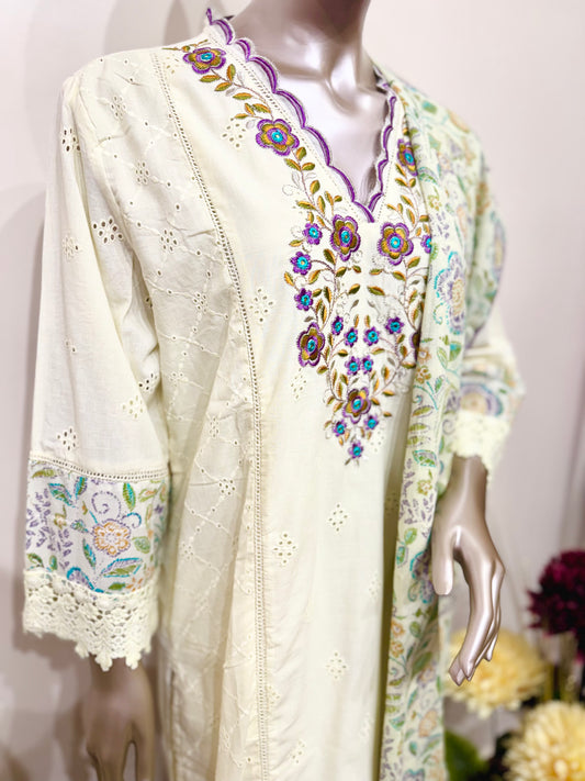 Pale yellow purple embroidery suit