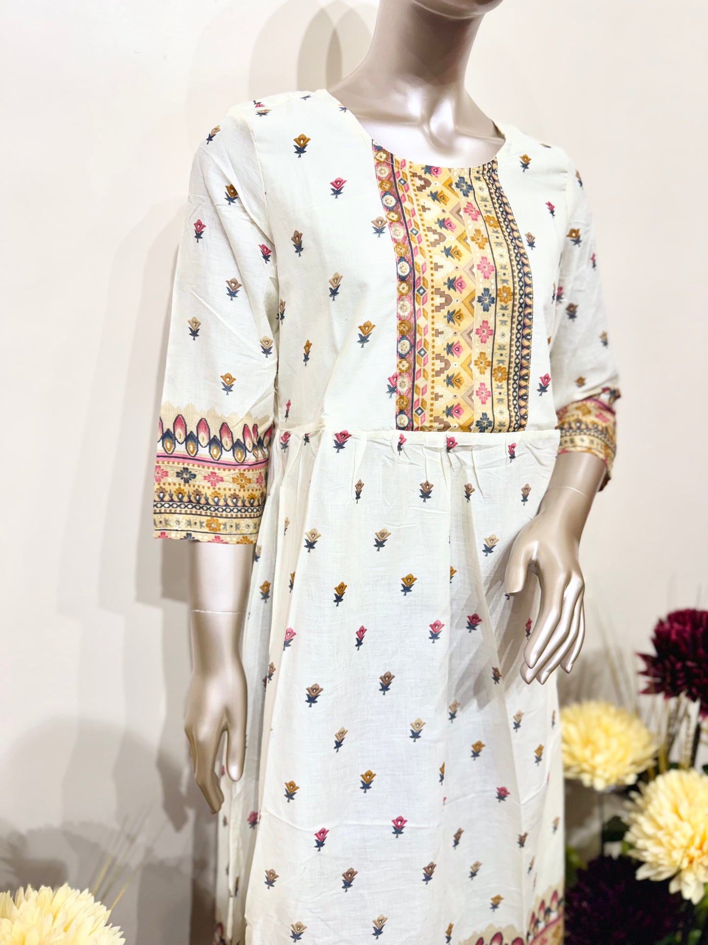 Off white & yellow printed kurti