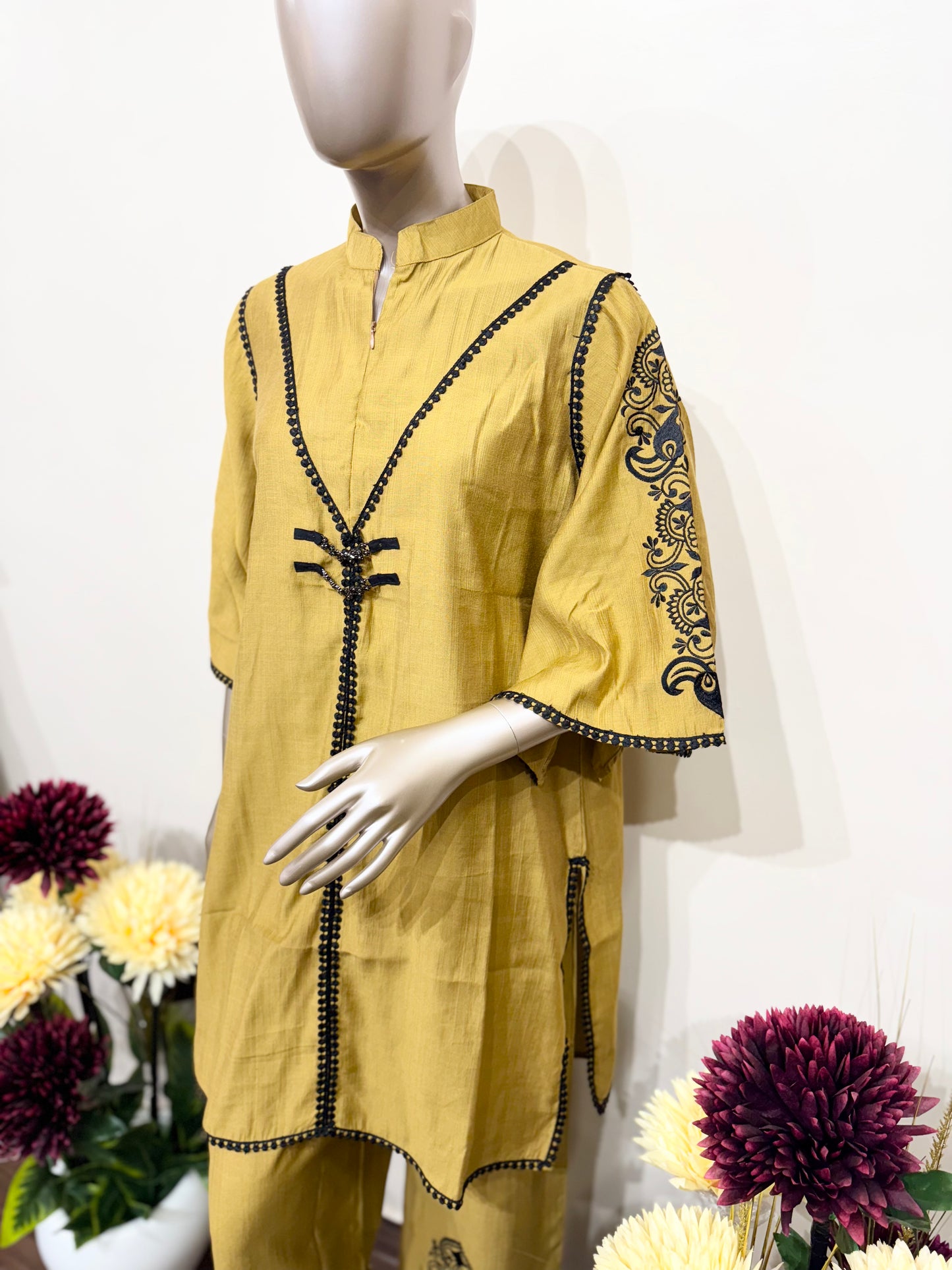 Mustard black embroidery co-ord set