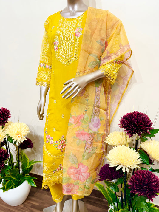 Yellow floral three piece  suit