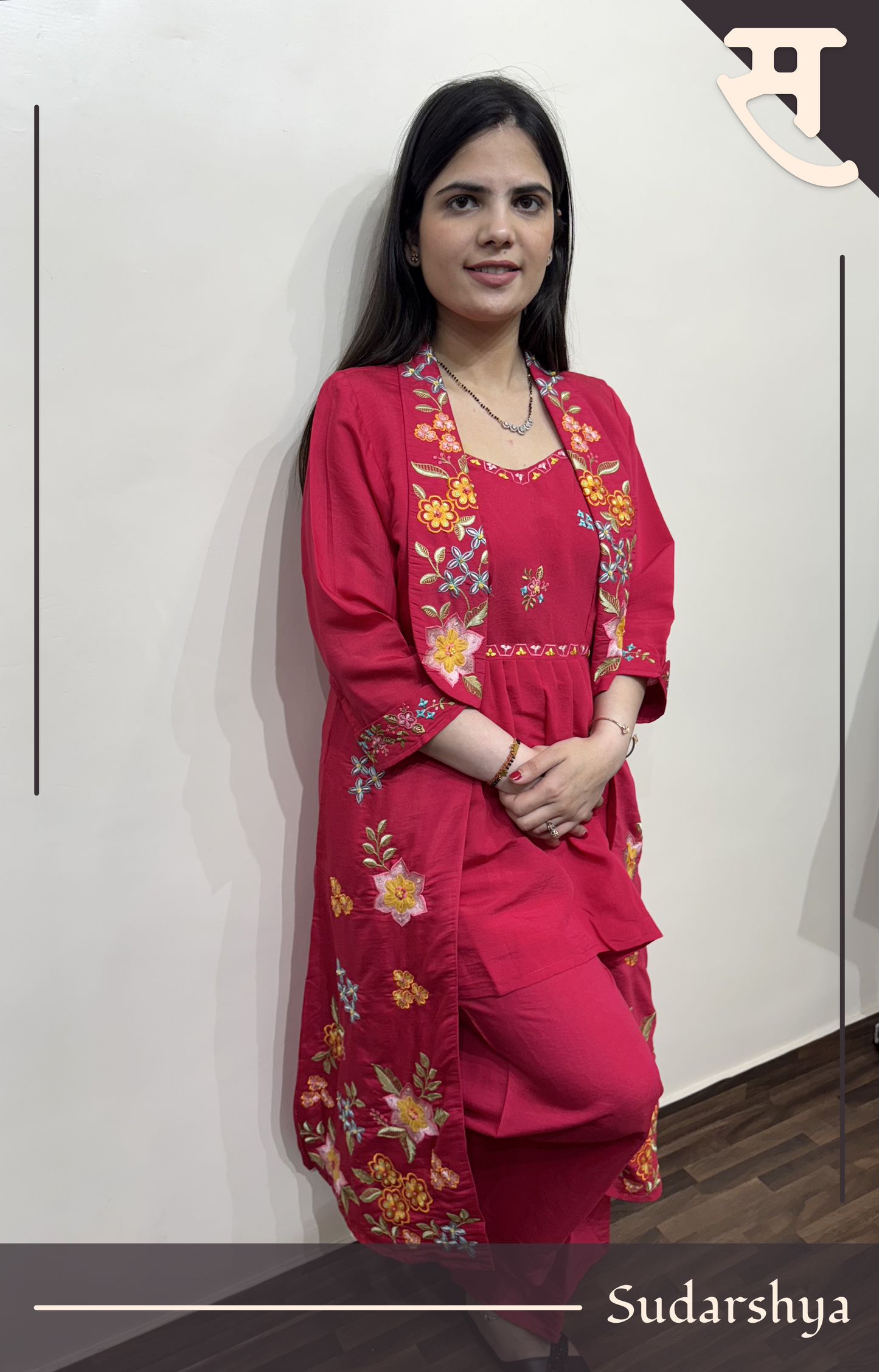 Hot pink floral embroidered shrug co-ord set