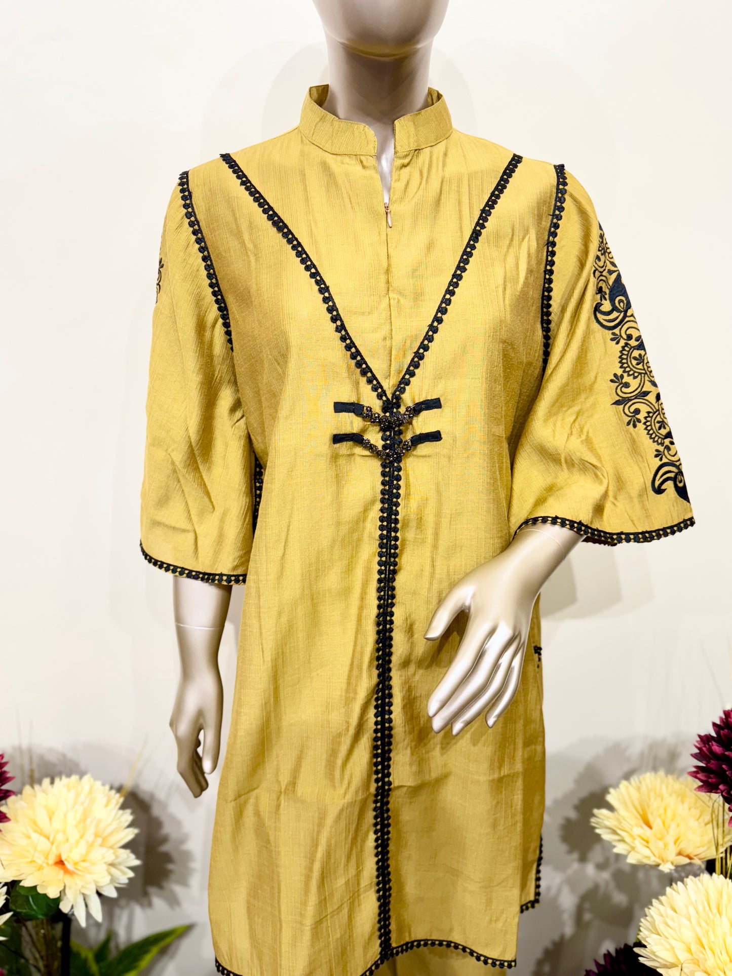 Mustard black embroidery co-ord set