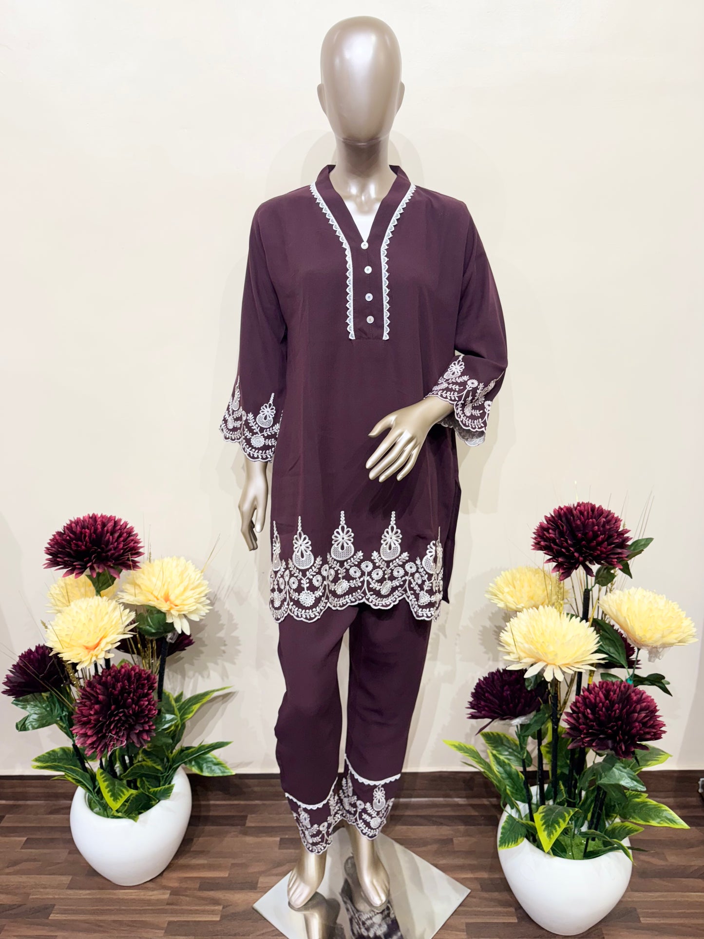 Deep purple & white embroidery co-ord set