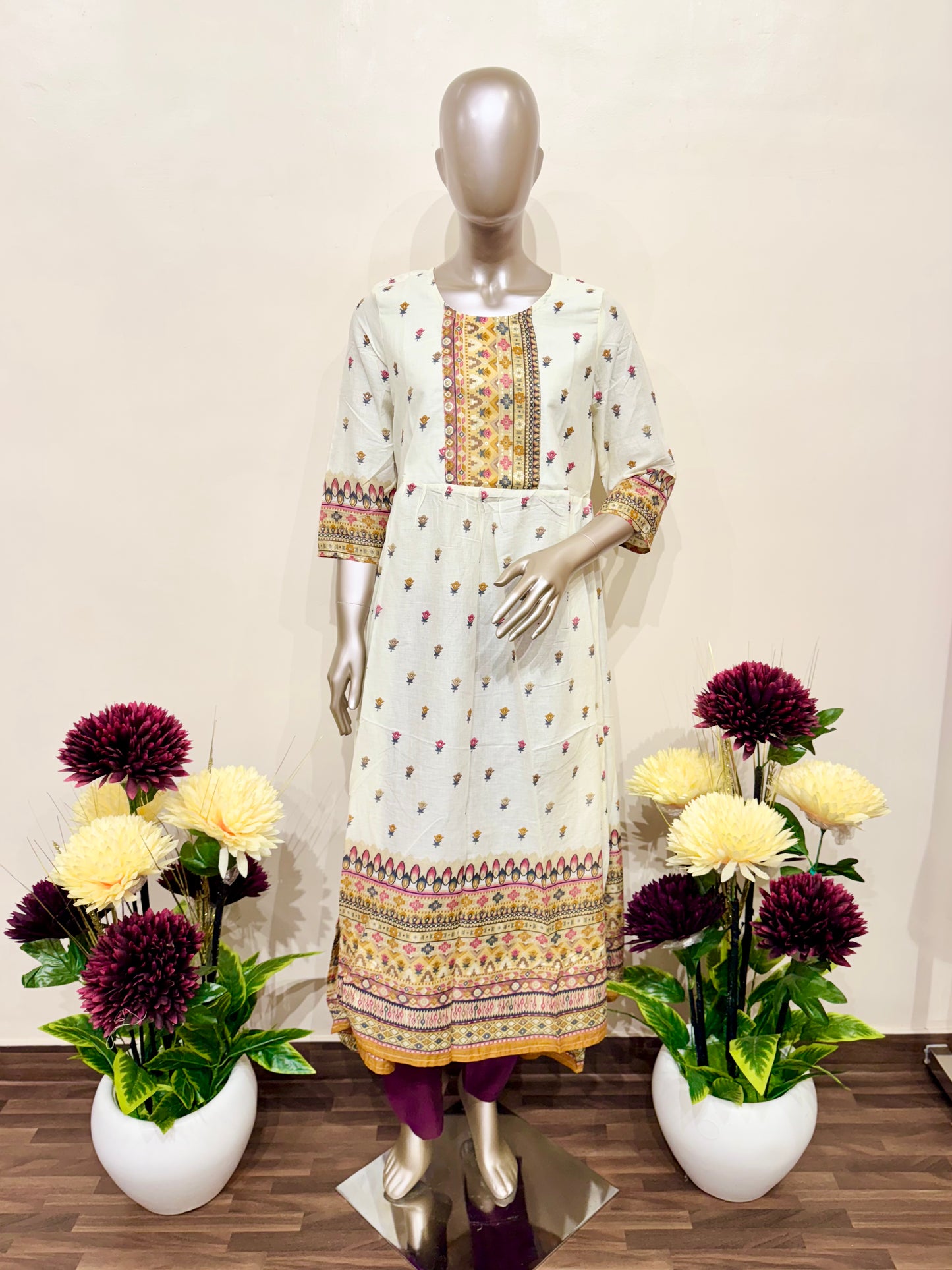 Off white & yellow printed kurti