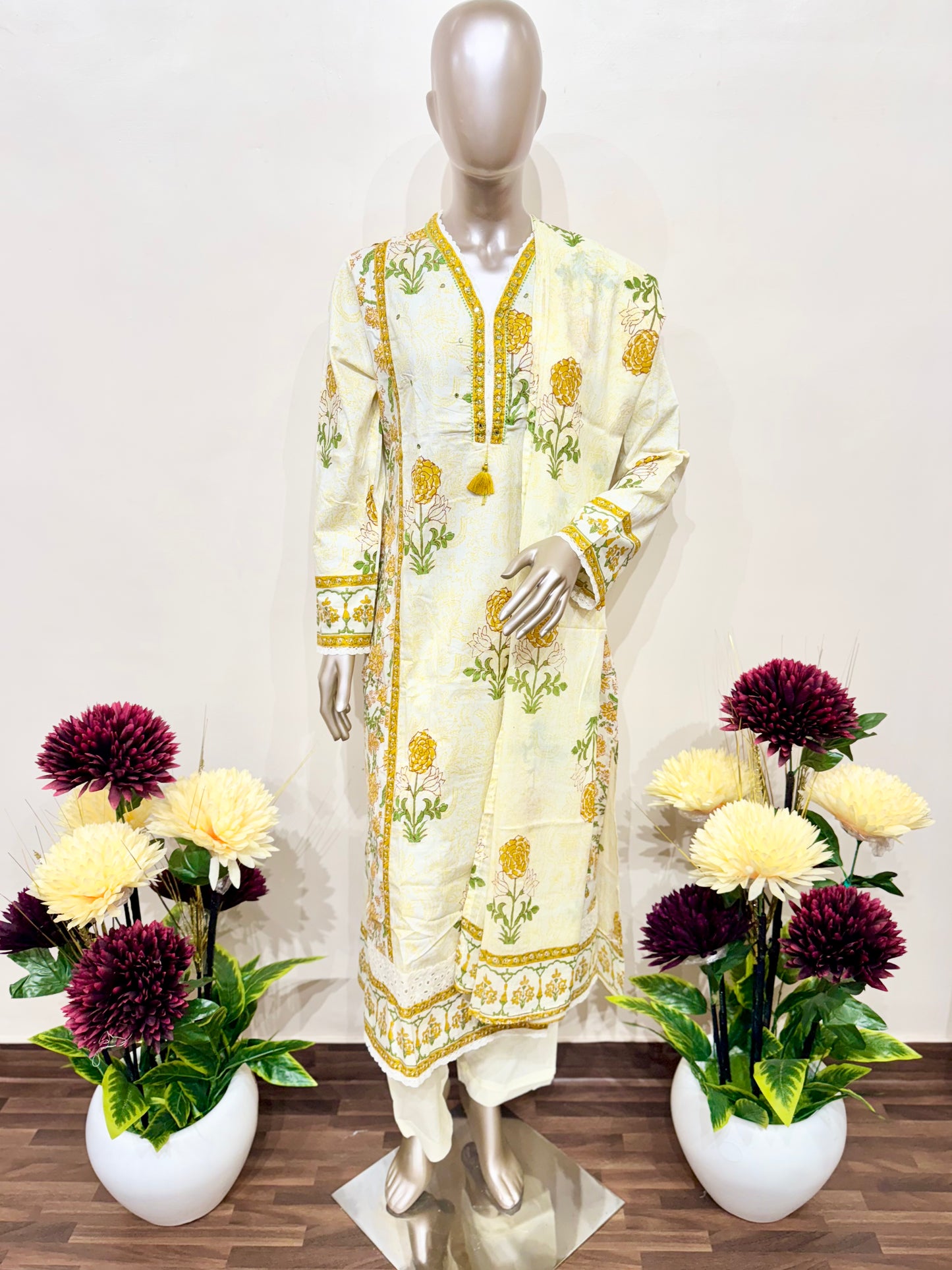 Yellow floral printed cotton suit