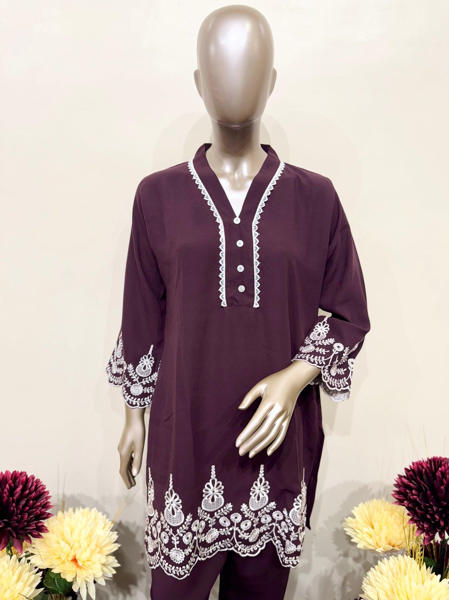 Deep purple & white embroidery co-ord set