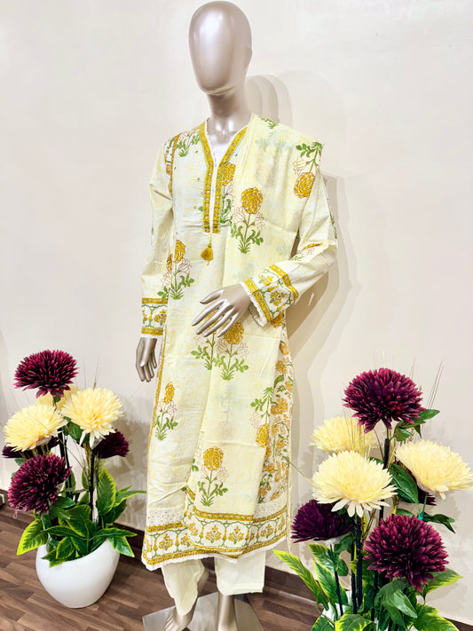 Yellow floral printed cotton suit