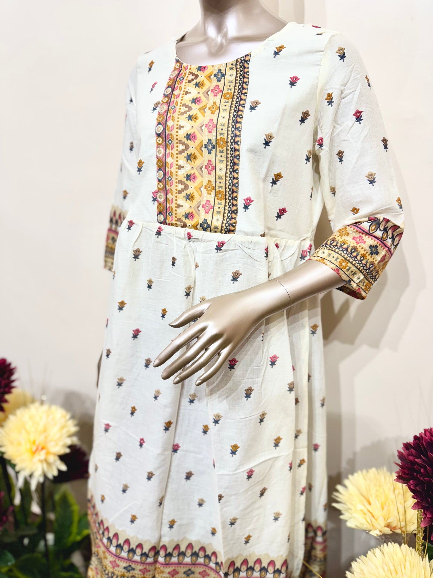 Off white & yellow printed kurti