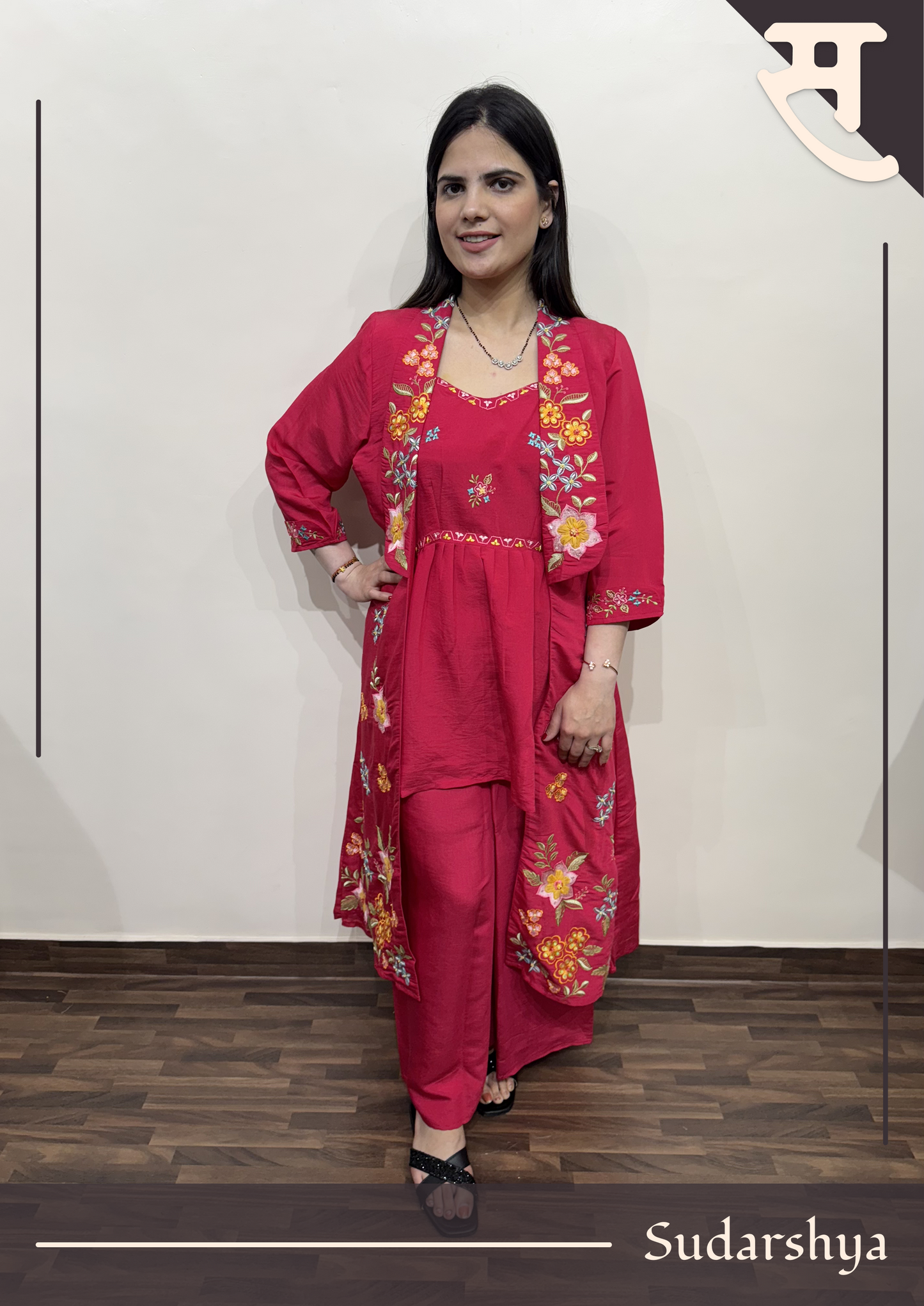 Hot pink floral embroidered shrug co-ord set